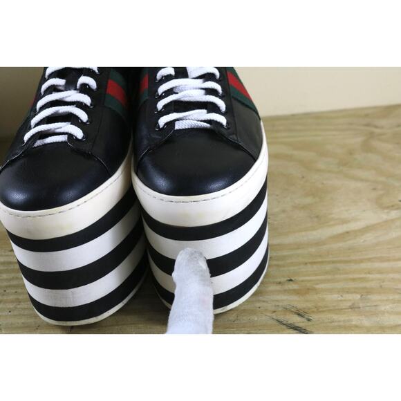 Gucci Sneakers Womens 10.5B Black Leather Peggy Platform Striped Shoes Italy - Picture 13 of 15